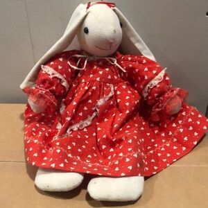 Vintage Folk Art Bunny Rag Doll Hand Crafted Rabbit with Red Dress White Hearts